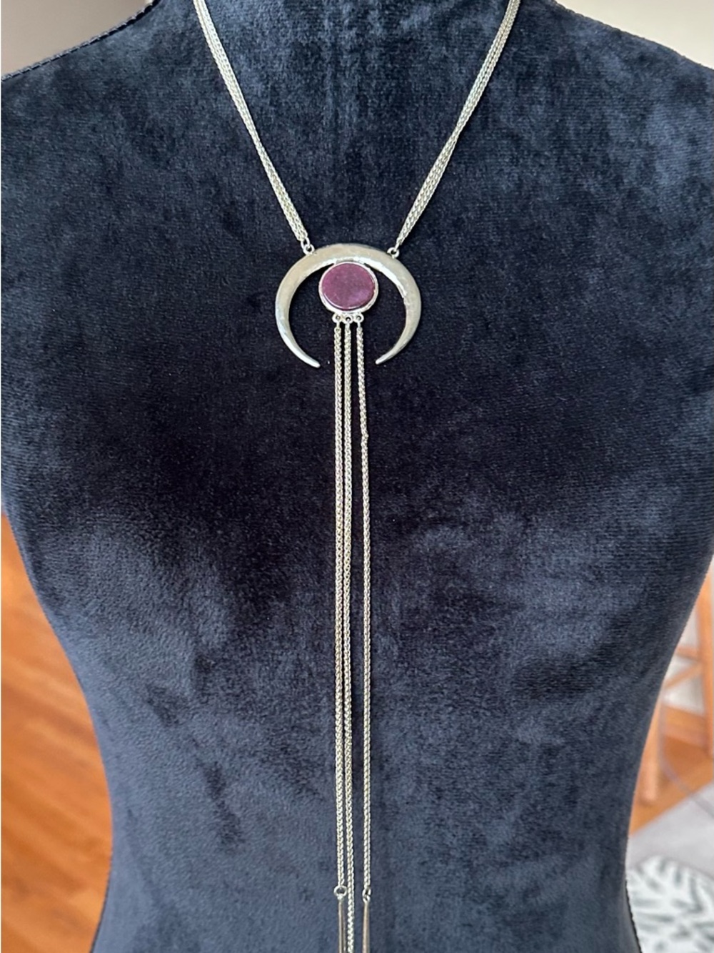 White House Black Market Gold Tone Purple Crescent Tassel Necklace
